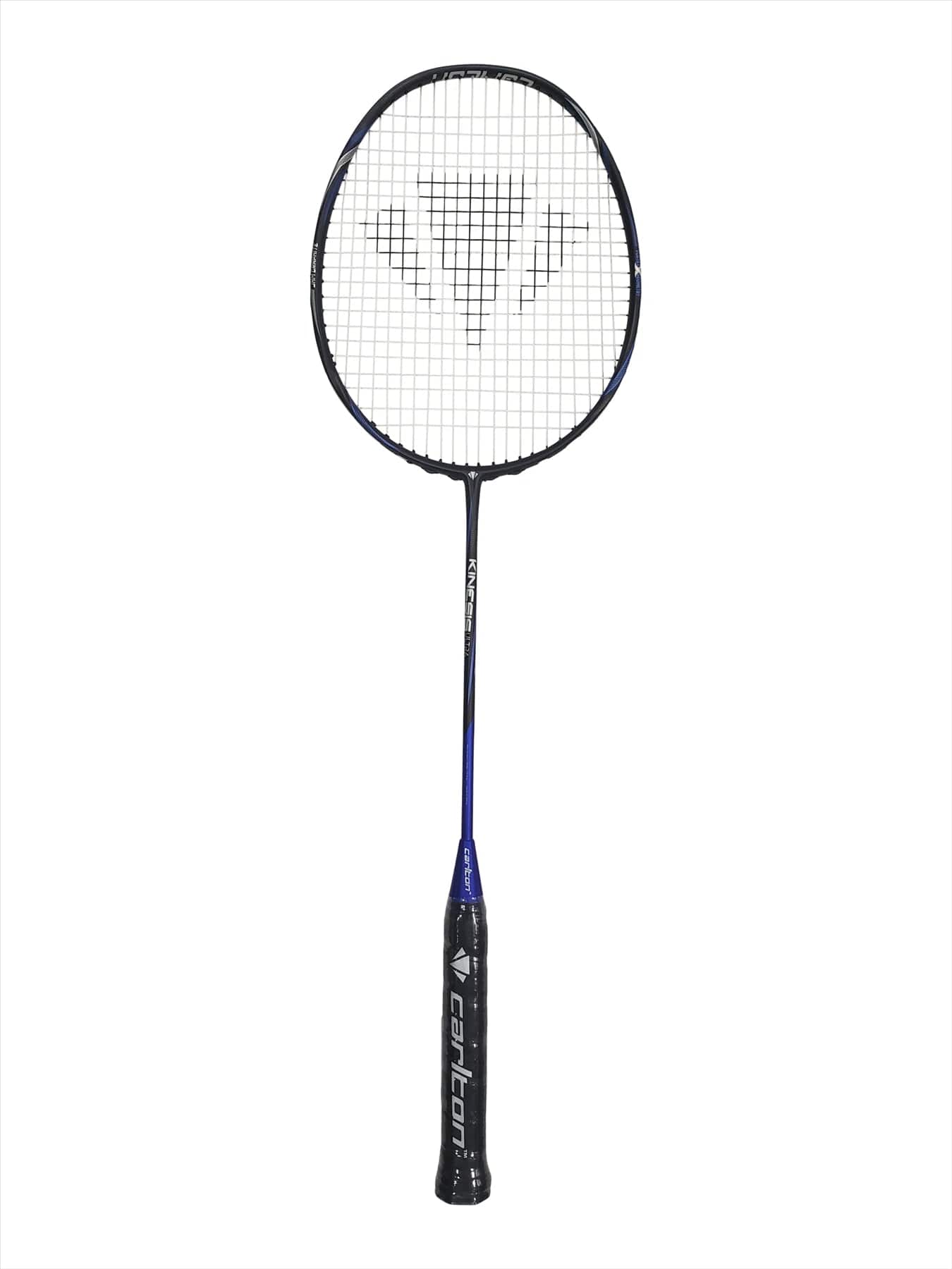 The Carlton Kinesis Ultra S-Lite Badminton Racket, manufactured by Carlton, features a black handle and blue shaft. It boasts an Xtreme Tension Frame with a black frame and white strings complemented by a Vortex Geometry design. The background is plain white.