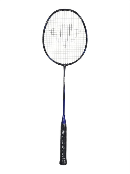 The Carlton Kinesis Ultra S-Lite Badminton Racket, manufactured by Carlton, features a black handle and blue shaft. It boasts an Xtreme Tension Frame with a black frame and white strings complemented by a Vortex Geometry design. The background is plain white.