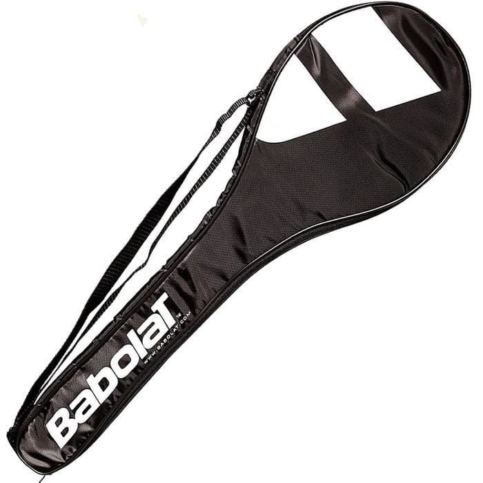 Grey badminton racket cover with a strap, showcasing the white "Babolat" logo on the side, crafted for precision and control with the Babolat X-Feel Power design.