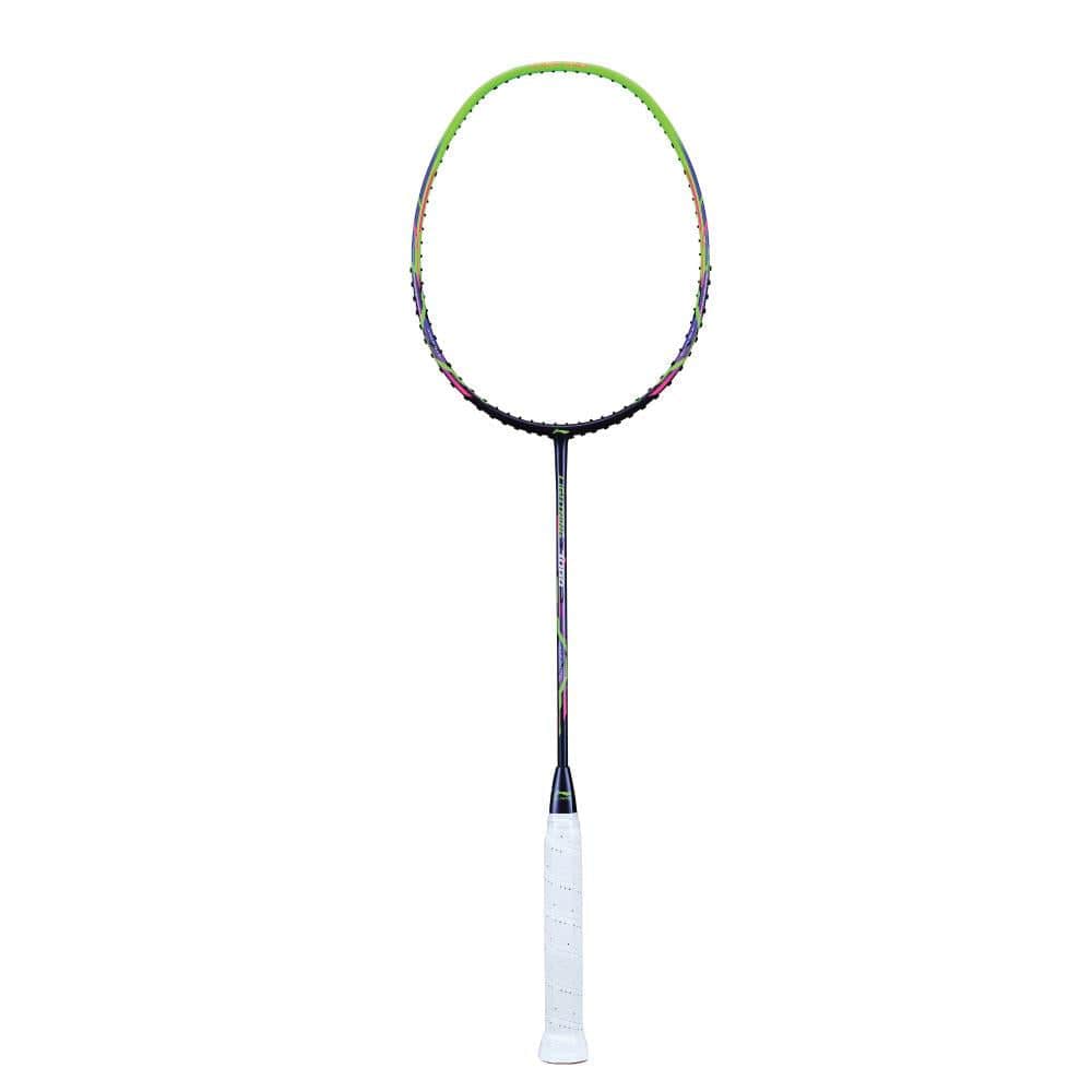 The Li-Ning Lightning 3000 Badminton Racket from Li-Ning features a green frame, a black flexible shaft, and a white grip handle, designed for maximum tension.