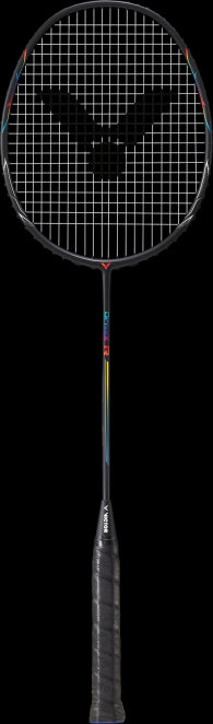 A black Victor Drive XR badminton racket with a head light balance showcases a textured grip and patterned strings set against a plain black background.