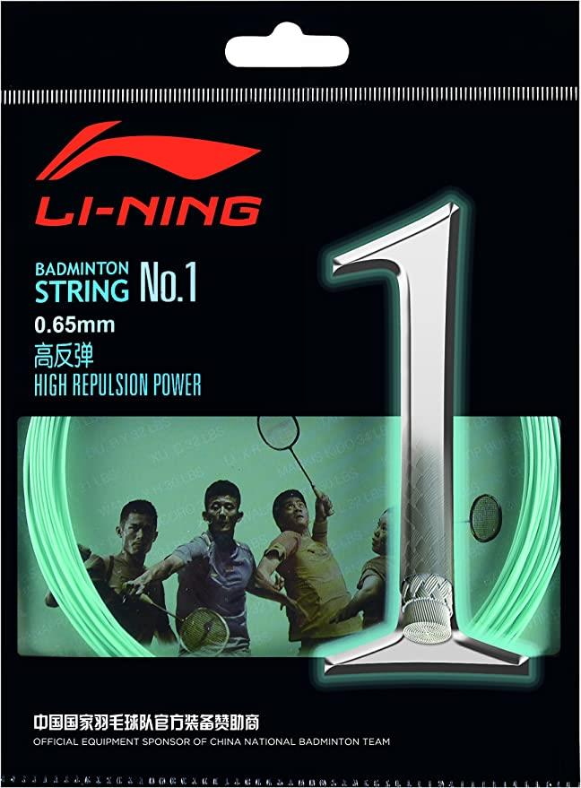 The packaging for the Li-Ning No.1 String Set (10m) - Cyan displays a prominent silver "1" with a green glow. The background depicts several players, and the text highlights "0.65mm," "High Repulsion Power," and excellent tension maintenance in both English and Chinese.