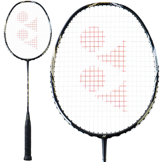 An up-close view of the Yonex Duora 99 Badminton Racket - Black features its white strings creating a red geometric pattern on the head, perfect for advanced players, and a sleek black grip covering the handle.