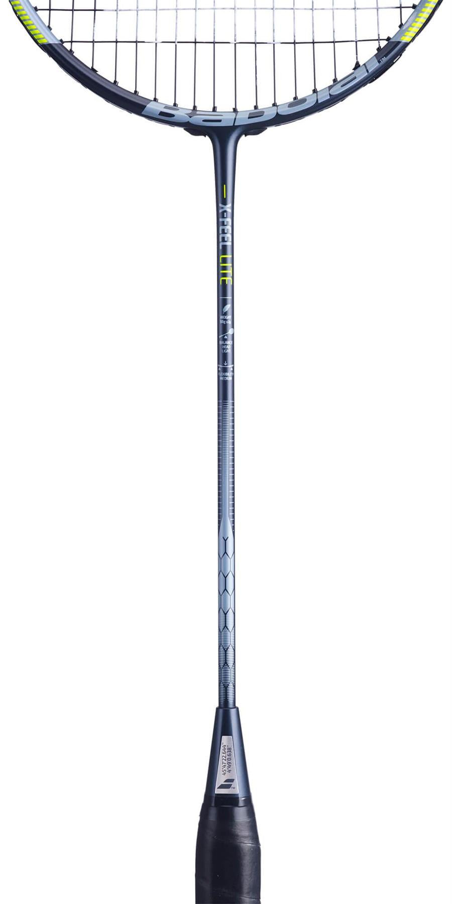 The image displays a close-up of a badminton racket, highlighting the Babolat X Feel Lite Badminton Racket - Blue Grey's handle and shaft adorned in metallic blue with a honeycomb pattern and yellow accents. It features head light balance and seamlessly transitions to the strings, set against a plain white background that accentuates its sleek design.