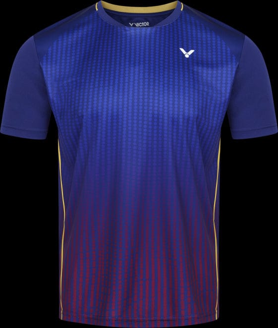 The Victor Team Line Unisex Badminton T-Shirt T-13101 B in blue, from the Victor brand, showcases a stylish short-sleeve design with a subtle red gradient and yellow side stripes. It features a small white logo on the upper right side and is made from recycled material, making it an eco-friendly option.