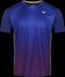 The Victor Team Line Unisex Badminton T-Shirt T-13101 B in blue, from the Victor brand, showcases a stylish short-sleeve design with a subtle red gradient and yellow side stripes. It features a small white logo on the upper right side and is made from recycled material, making it an eco-friendly option.