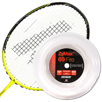 A yellow badminton racket paired with a spool of Ashaway ZyMax 69 Fire badminton string in white, known for its durability and enhanced string life.