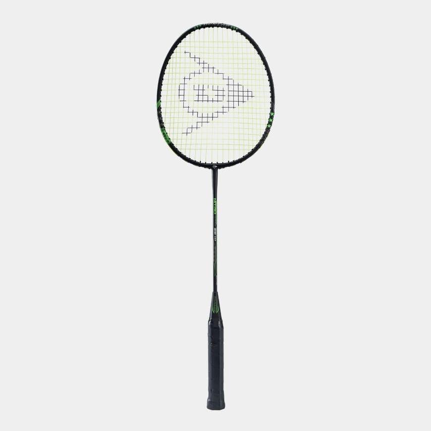 The Dunlop Nitro Star SSI 1.0 Badminton Racket, designed for beginners, boasts a sturdy full steel build with an elegant black frame and eye-catching green strings set against a simple white background. Its black grip harmonizes perfectly with the prominently displayed logo on the string surface.