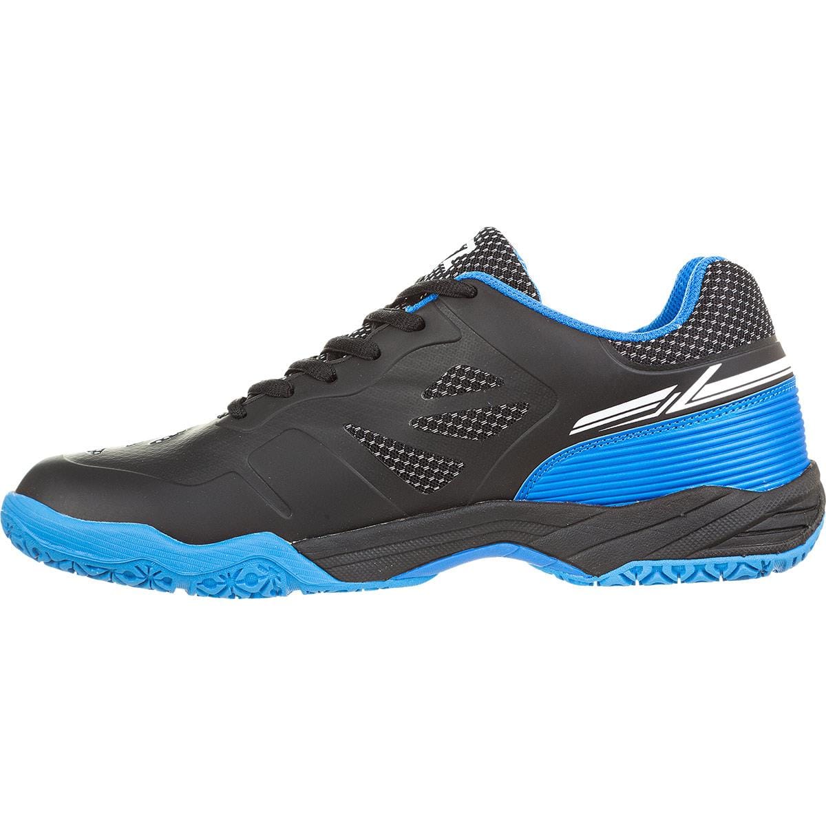 The FZ Forza Brace Men's Badminton Shoes in Black/Blue by FZ Forza boast a black upper with blue accents and a distinctive T-shaped logo. They offer superior lateral support, feature a textured blue sole designed for shock absorption, and are equipped with black laces.