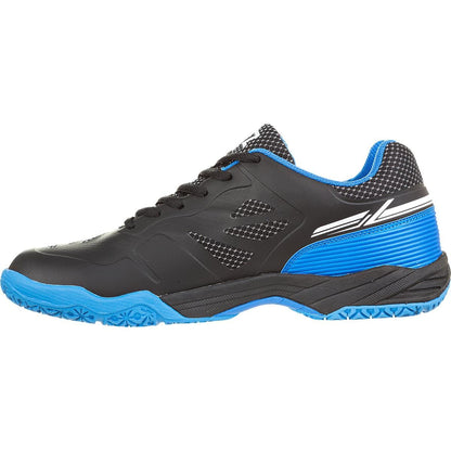 The FZ Forza Brace Men's Badminton Shoes in Black/Blue by FZ Forza boast a black upper with blue accents and a distinctive T-shaped logo. They offer superior lateral support, feature a textured blue sole designed for shock absorption, and are equipped with black laces.