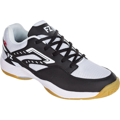 Introducing the FZ Forza X-Pulse Men's Badminton Shoes, featuring a fashionable design with a white mesh upper complemented by black overlays and laces. Crafted for badminton enthusiasts, these shoes are equipped with gum-colored rubber soles and Drylex technology to enhance breathability. The FZ Forza branding is prominently displayed on the tongue and side of each shoe.