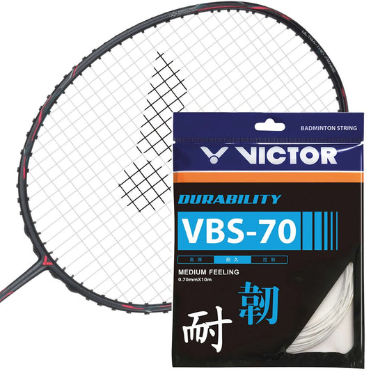 Victor's VBS 70 Badminton String Set in black and white features a deep patterned coating, enhanced with nylon resin technology for superior durability.