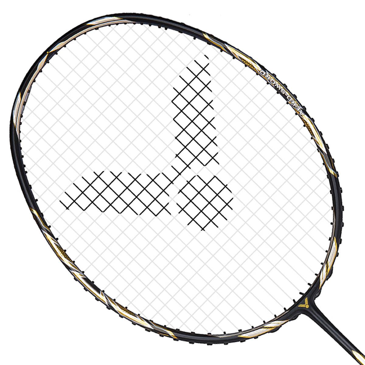 Close-up of the Victor Jetspeed S10C Badminton Racket - Black Gold, showcasing its sleek black and gold design on the frame, crafted with premium Japanese carbon fiber. It features a checkered string pattern that forms an eye-catching stylized logo in the center, all set against a plain white background.