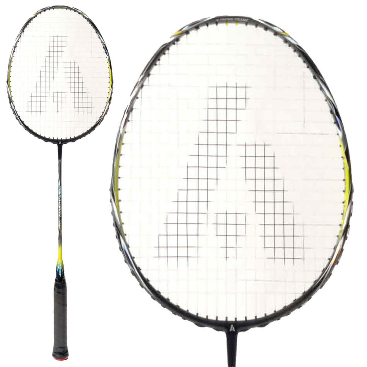 The Ashaway Viper XT-6000 Badminton Racket boasts a balanced construction with a sleek black design, prominently displaying a large letter "A" on the strings. Made from Ultra Hi-Modulus Graphite, its handle is elegantly wrapped in black material against a simple white background.