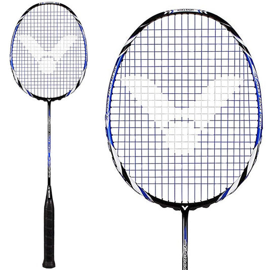 The Victor V-4000 Graphite Badminton Racket by Victor features a black handle and a blue and black frame, making it perfect for beginners. The string pattern showcases a logo at the center of the head, with white accents enhancing its design. A close-up of the racket head is shown on the right side, highlighting its excellent value for money.