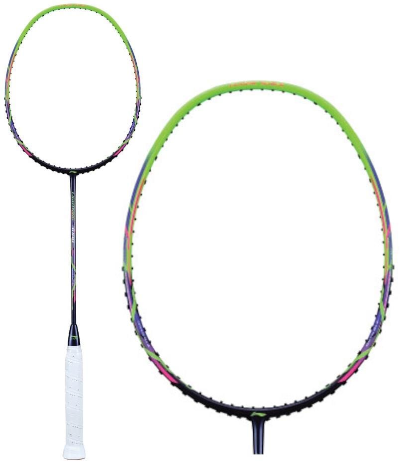 The Li-Ning Lightning 3000 Badminton Racket in green and purple, featuring a white grip, is displayed against a white background. The detailed view of the racket's head highlights its string pattern and frame design, engineered to support maximum tension for enhanced performance.