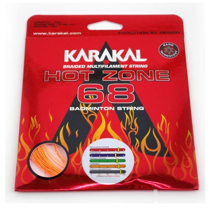 The packaging of the Karakal Hot Zone 68 Badminton String 0.68mm - Orange features vibrant flame graphics and a power chart that illustrates performance variations for different colors, including yellow, purple, red, and black. This ultra-thin yet durable string prominently displays the "Bang Technology" logo alongside comprehensive product specifications.