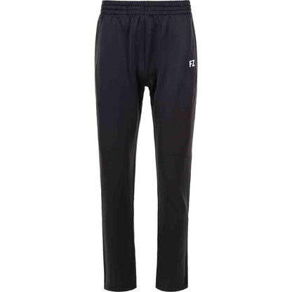 The FZ Forza Plymount Women's Badminton Pants in black feature an elastic waistband and a quick-drying capability. Inspired by Danish design principles, these pants have a minimalist style with "FZ" printed on the upper left side, making them ideal for badminton enthusiasts seeking comfort.