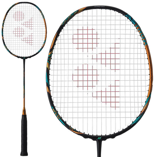 Explore the Yonex Astrox 88D Play Badminton Racket - Gold, crafted for doubles players with its graphite construction. This racket includes a black handle and an oval-shaped head, featuring a grid pattern of strings accentuated by red markings. Its frame is elegantly detailed with black, orange, and teal accents. An enlarged image of the racket head is displayed on the left.