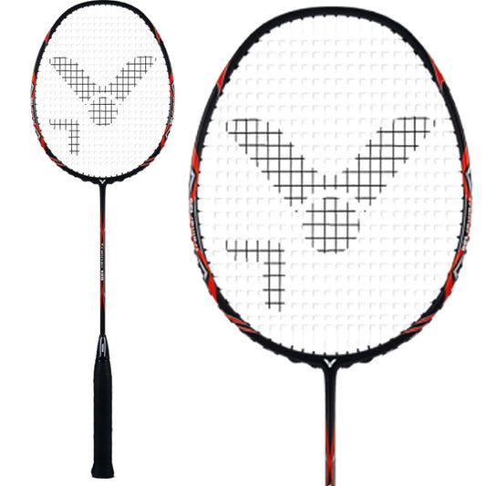 A detailed view of the Victor Trainer 135 Badminton Racket - Black Red showcases its black handle and striking red and black frame. Ideal for stamina and strength training, the strings create a unique geometric pattern. The frame's background is partially visible.