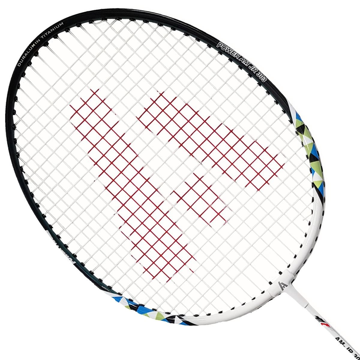 Here's a description using the given product data:

Capture a close-up of the Ashaway AM 303 Junior Badminton Racket, perfect for budding young players. It boasts a white and black frame adorned with red patterns on the strings. The design integrates geometric elements with blue and yellow highlights, ensuring it's both fashionable and practical for those new to badminton.