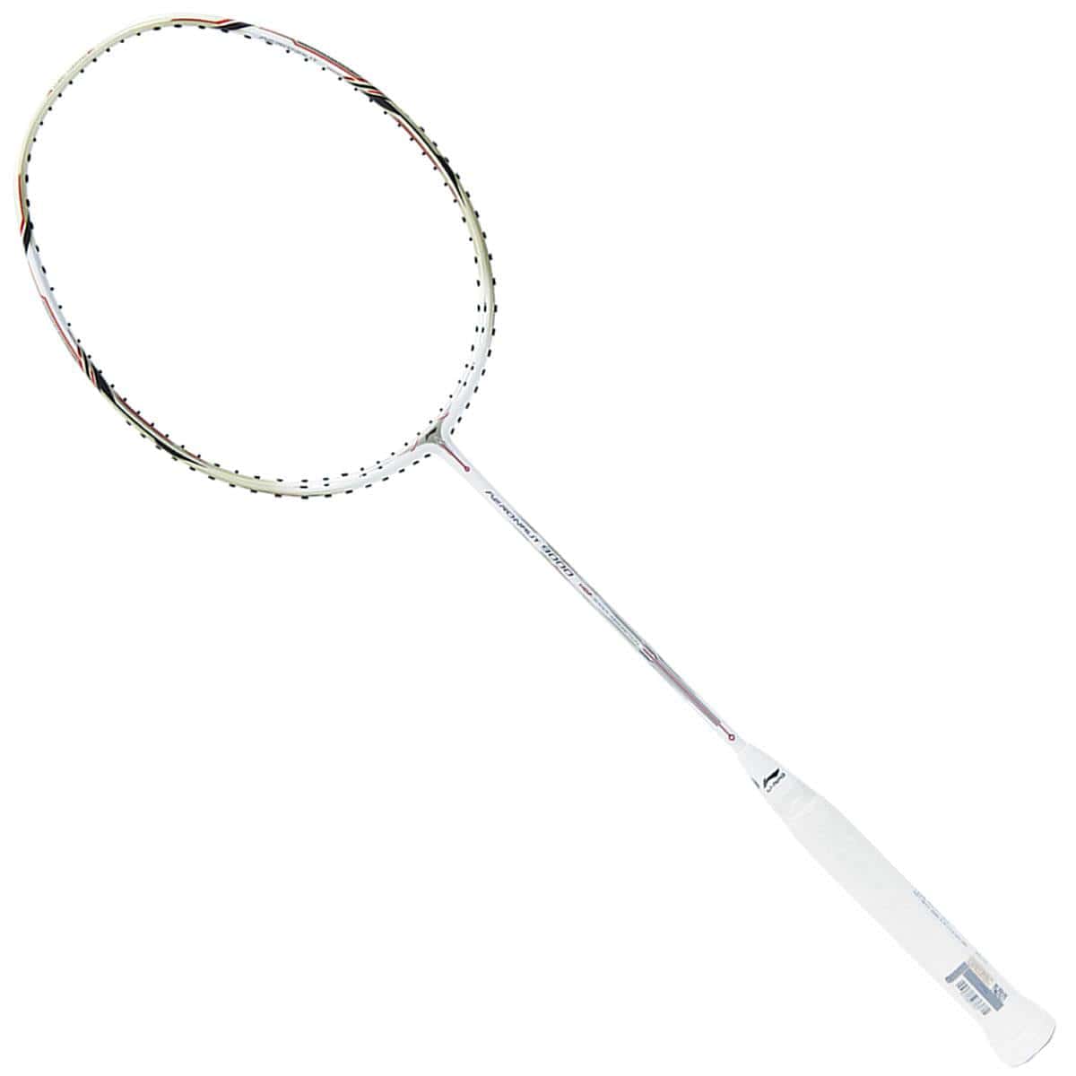 Presenting the Li-Ning Aeronaut 9000 Badminton Racket - White Gold: a cutting-edge badminton racket by Li-Ning, featuring a lightweight frame and white handle with advanced Aeronaut Badminton Racket Technology. Its aerodynamic, sleek design is complemented by tightly strung strings and elegant black and red accents on the frame.