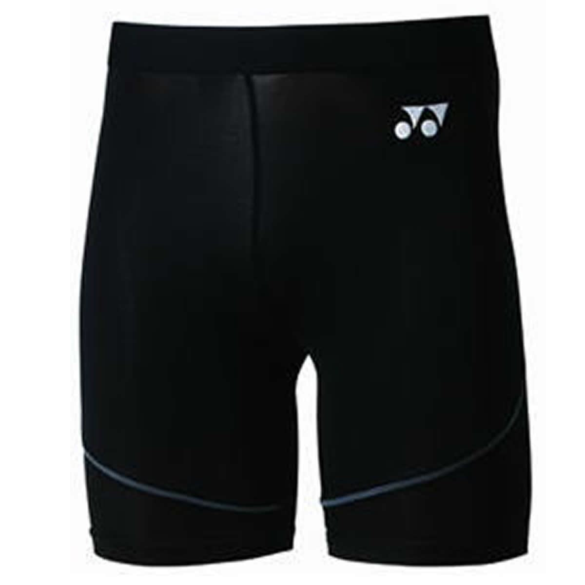 Yonex STB-F2003 Leg Compression Shorts in black feature a discreet white logo near the left waistband and are designed for enhanced support, with subtle design lines near the bottom.