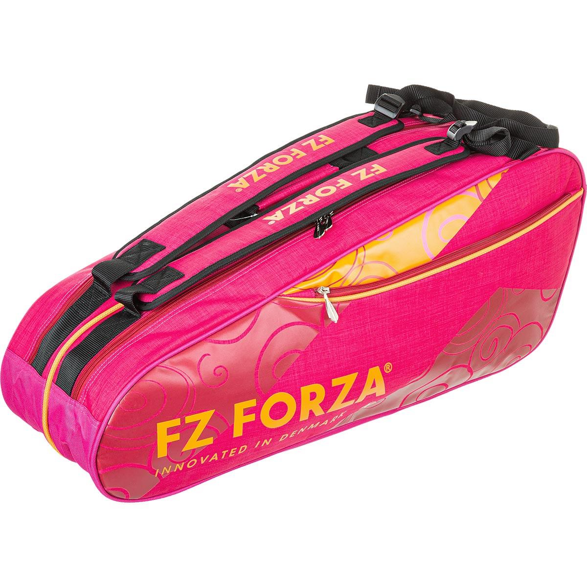 The FZ Forza Mia Blichfeldt Collab 6 Piece Badminton Racket Bag in Persian Red features black straps, displays the "FZ Forza" logo alongside the phrase "Innovated in Denmark," and is designed with multiple zippered compartments and a decorative pattern.