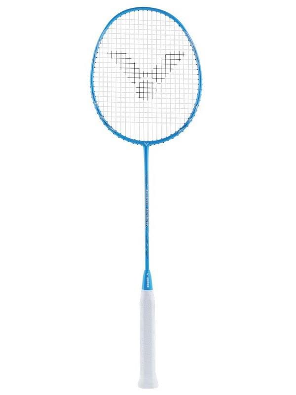 The Victor Auraspeed 2000M Badminton Racket - Blue by Victor, ideal for intermediate club players, showcases a blue frame paired with a white grip and boasts a distinctive string pattern creating a logo on the head. This stylish racket is elegantly positioned against a simple white backdrop.