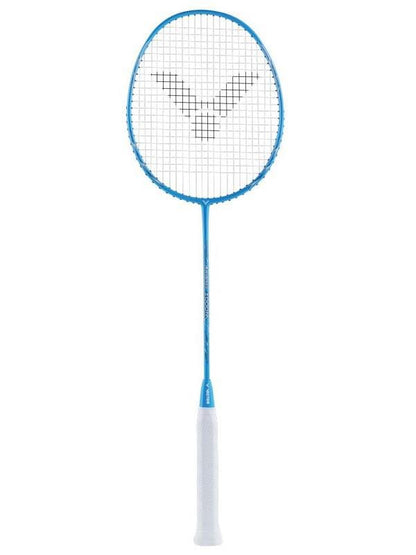 The Victor Auraspeed 2000M Badminton Racket - Blue by Victor, ideal for intermediate club players, showcases a blue frame paired with a white grip and boasts a distinctive string pattern creating a logo on the head. This stylish racket is elegantly positioned against a simple white backdrop.