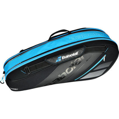 This well-crafted Babolat Expand Team Badminton Racket Bag boasts a sleek black and blue design, complete with multiple compartments and a sturdy carrying handle, making it ideal for your tennis team. It easily accommodates rackets and accessories while prominently displaying the iconic Babolat logo.