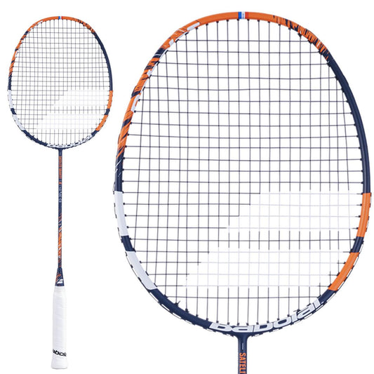 The Babolat Satelite Gravity 74 Badminton Racket - Orange showcases a sleek design in black, orange, and white. Exceptionally lightweight, it boasts an oval-shaped frame with tightly strung strings. The handle is wrapped in white grip material. Designed for defensive players, the images include both a full view and a close-up of the racket head.