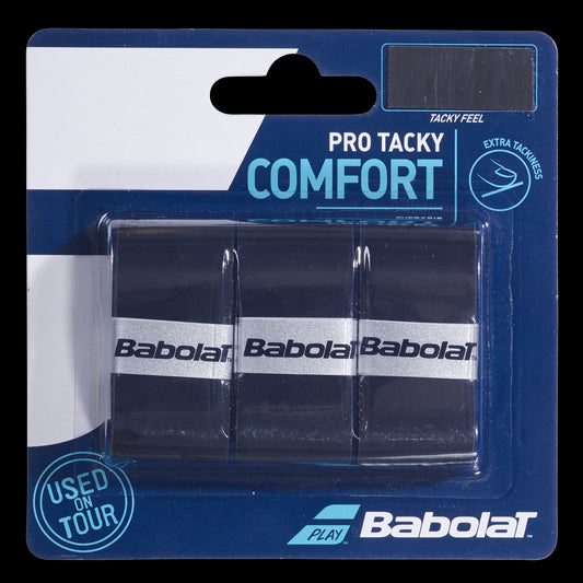 The Babolat Pro Tacky Badminton Overgrip - Black - 3 Pack features three grip tapes with white branding and is marketed for its "Tacky Feel" as well as being "Used on Tour." It's ideal for tennis and badminton due to its high-absorption capabilities.