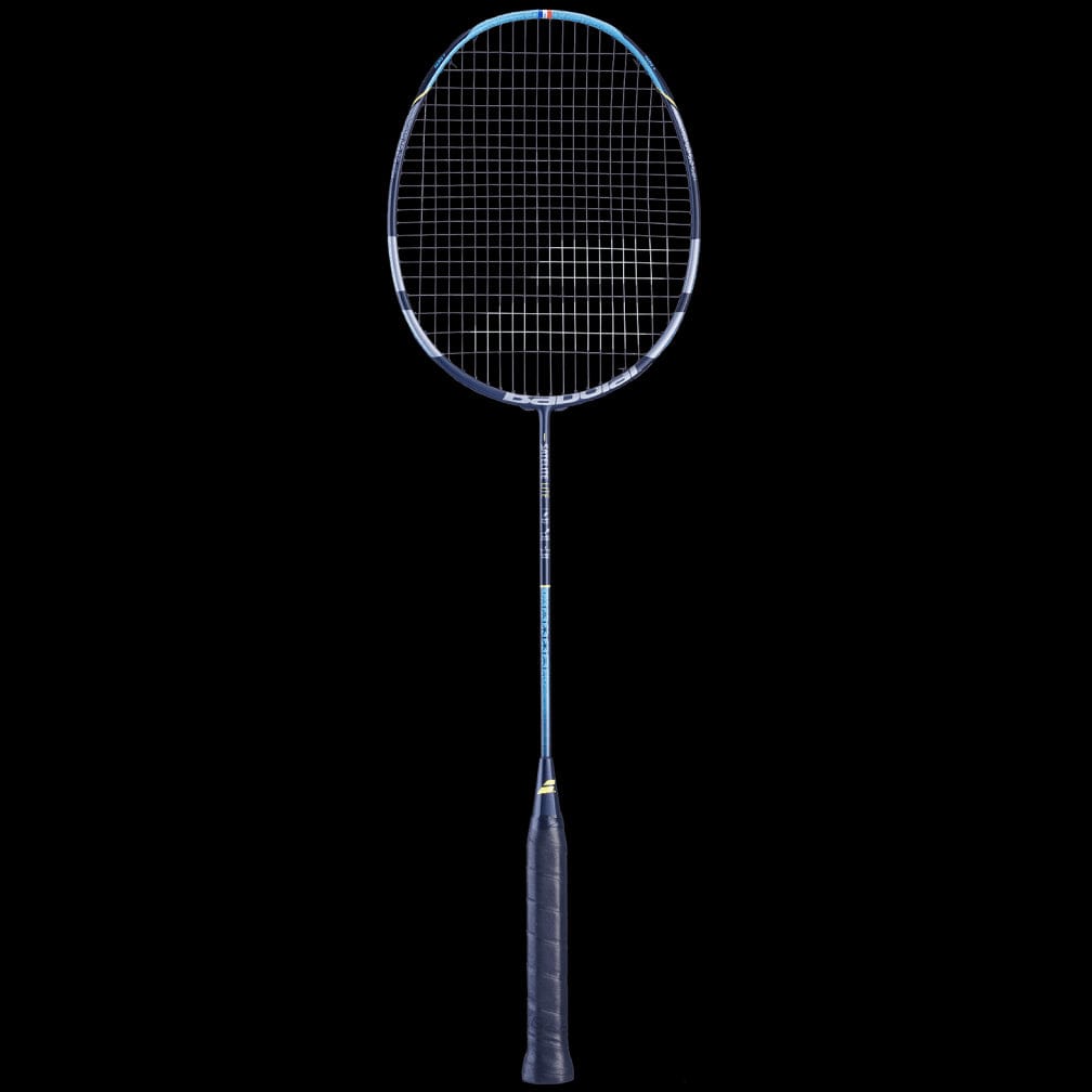 The Babolat Satelite Lite Badminton Racket boasts a dark handle and sleek blue frame, emphasizing its advanced aerodynamics and exceptional manoeuvrability, with a grid of strings set against a simple black background.