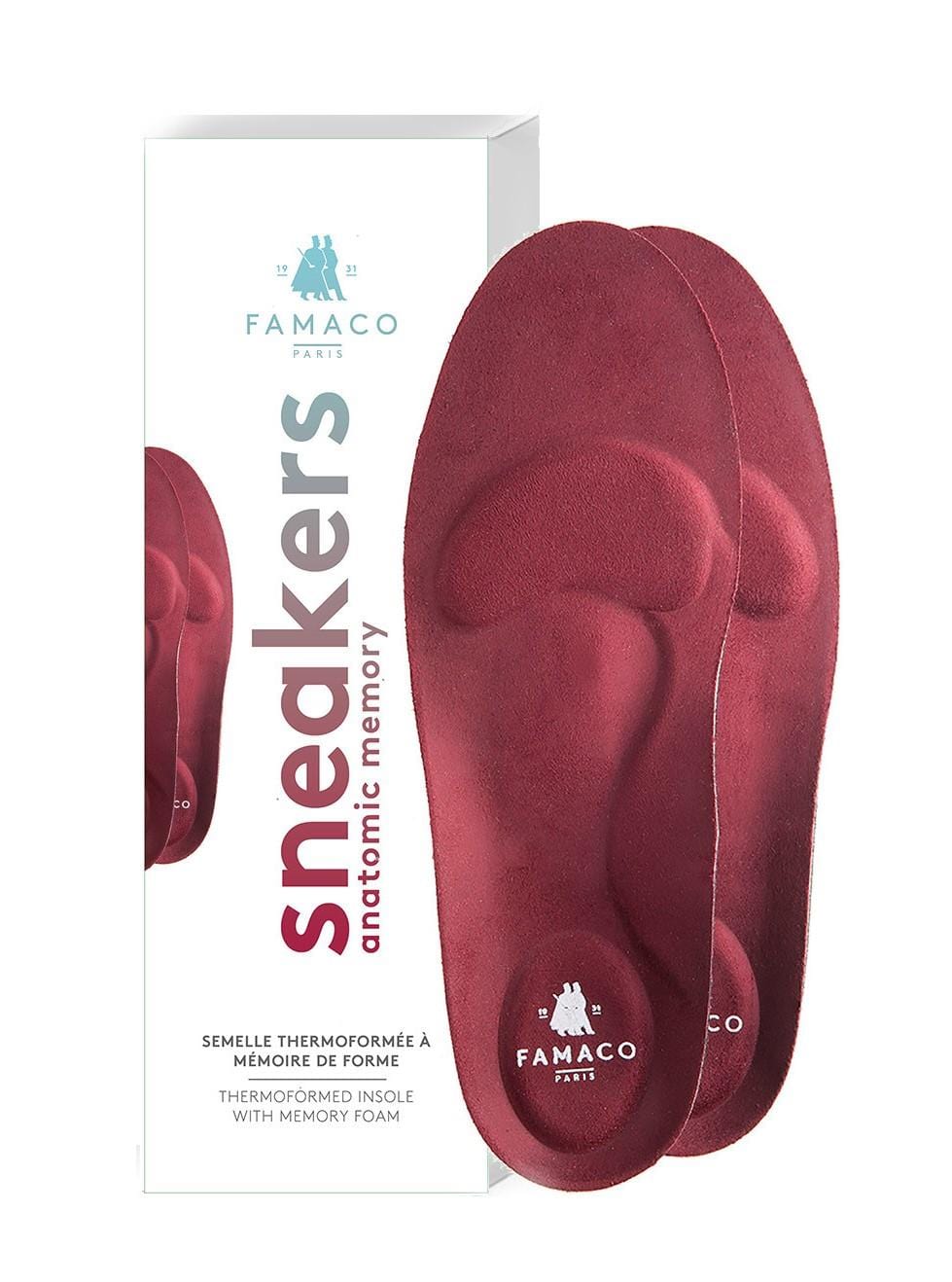 A pair of red Shoestring Famaco Anatomic Insoles, crafted with memory foam for ultimate comfort, are displayed beside their packaging. The box showcases its features: "Sneakers anatomic memory, thermoformée, semelle avec memory foam," underlining the unique design of these specialized insoles.