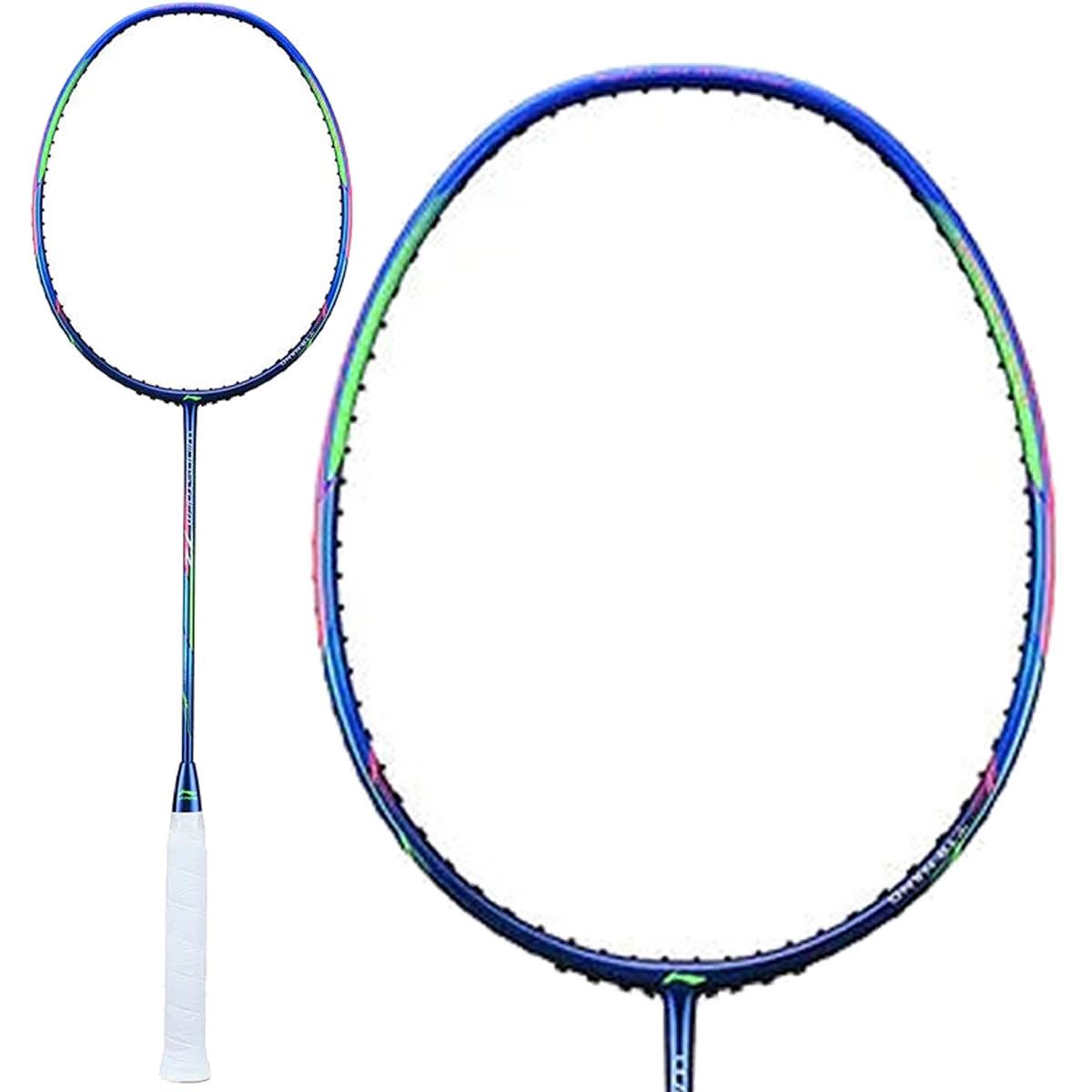 The Li-Ning Windstorm 72 6U Badminton Racket in Dark Blue (Unstrung) features an ultra-lightweight design with colorful accents in shades of green and pink, and a white grip on the handle. Its head-heavy balance ensures stability, while a smaller inset image highlights the stringed area to emphasize maximum speed.