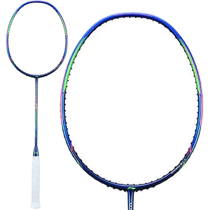 The Li-Ning Windstorm 72 6U Badminton Racket in Dark Blue (Unstrung) features an ultra-lightweight design with colorful accents in shades of green and pink, and a white grip on the handle. Its head-heavy balance ensures stability, while a smaller inset image highlights the stringed area to emphasize maximum speed.