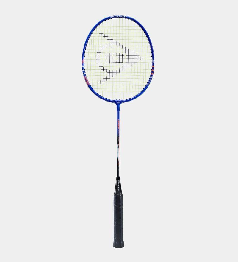 The Dunlop Nitro Star 2 Player Badminton Set is ideal for beginner-level players, featuring a bold blue design with a black grip and white strings forming a logo pattern at the center. Its sleek appearance is accentuated against a plain white background.