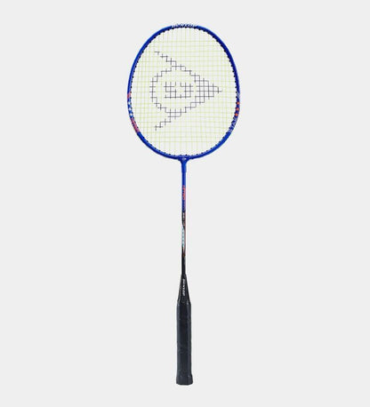 The Dunlop Nitro Star 2 Player Badminton Set is ideal for beginner-level players, featuring a bold blue design with a black grip and white strings forming a logo pattern at the center. Its sleek appearance is accentuated against a plain white background.