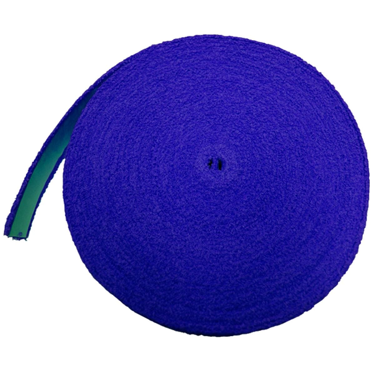 A roll of FZ Forza Badminton Towel Grip (12m) in bright blue, featuring a greenish inner layer, is slightly unraveling at one end to reveal its adhesive side. The vivid color and soft texture stand out against the plain white background.