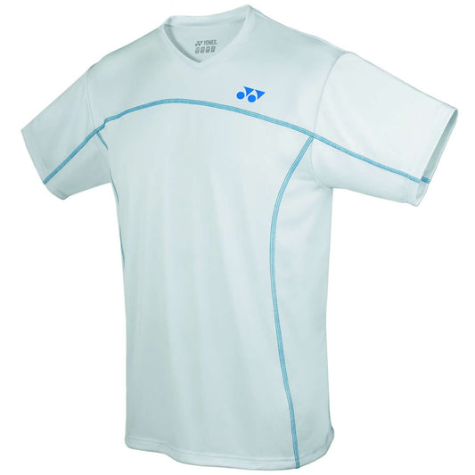 Yonex YTM1 YTJ1 White Team Men's/Junior Badminton T-Shirt, featuring blue stitching and a small blue logo on the chest, is designed with quick-drying, lightweight fabric that absorbs sweat efficiently. It has short sleeves and offers optimal comfort for badminton enthusiasts.