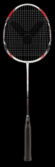 The Victor ST-1680 ITJ Badminton Racket, an ideal choice for beginners, boasts a black handle and a glossy metallic shaft with a striking white frame set against a sleek black background.