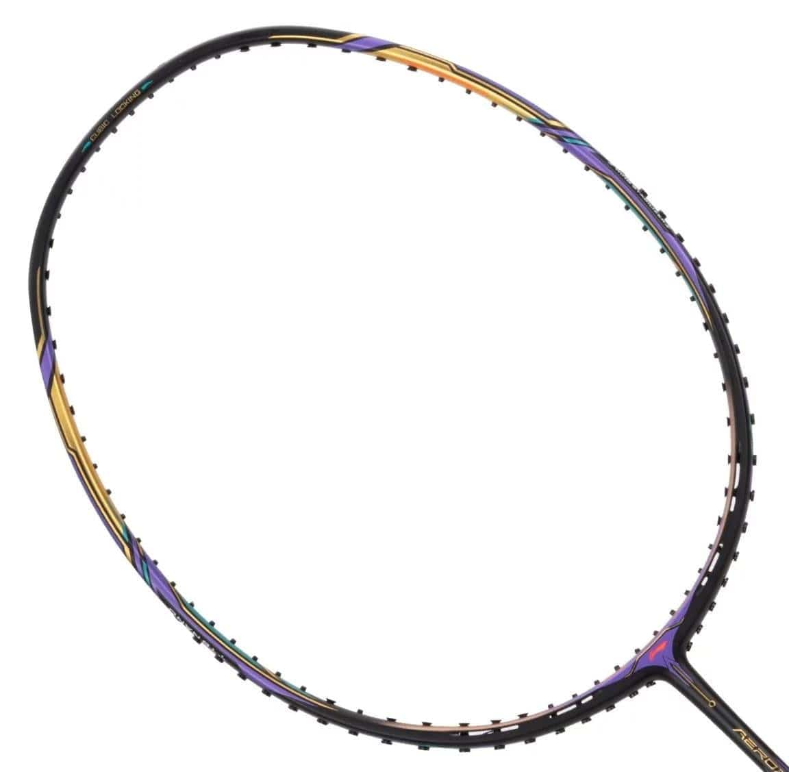 A close-up of the Li-Ning Aeronaut 9000 Instinct Badminton Racket highlights its dynamic-optimum frame featuring a sleek black design with vibrant purple and gold accents. The wing stabilizer optimizes its smooth, aerodynamic shape for high performance. The frame is shown without strings attached.