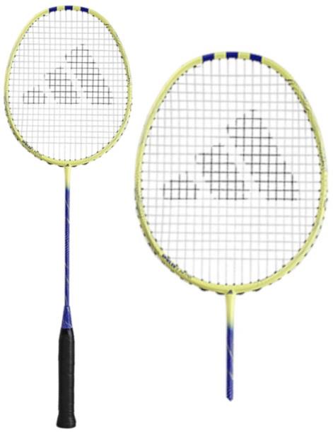 Two Adidas Spieler E-Aktiv 1 4U SS badminton rackets are displayed. They feature yellow frames accented with a blue design on the shaft and finished with black grips. The strings, adorned with a logo-like pattern, provide these all-round rackets with high flexibility for versatile performance on the court.