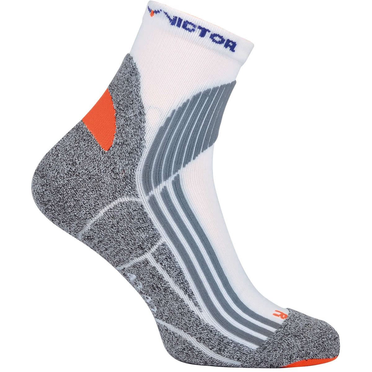 Introducing the Victor Badminton Indoor Explosion sock by Victor: This single athletic sock boasts an eye-catching blend of gray, white, and orange. Engineered with cushioning for superior impact protection, it features a textured heel and sole. The white upper showcases stylish gray stripes and branding along the top hem, ensuring ultimate comfort for your feet.