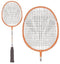 Two Carlton Midi-Blade ISO 4.3 Junior Badminton Rackets in white and orange with black grips are displayed. One racket stands upright, while the other is slightly angled, showcasing the grid-like pattern of strings against a plain white background.