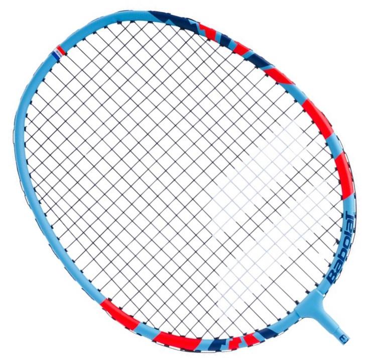 A Babolat Explorer I badminton racket in blue, featuring red and white accents on the frame. The tightly woven strings make it ideal for beginner-level players, and its design is both modern and sporty.