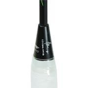 Close-up of a transparent cosmetic bottle with a black cap featuring a white signature and logo, reminiscent of the sleek design of the Li-Ning Turbo Charging 75 Instinct 5U Badminton Racket. The bottle contains a liquid product.