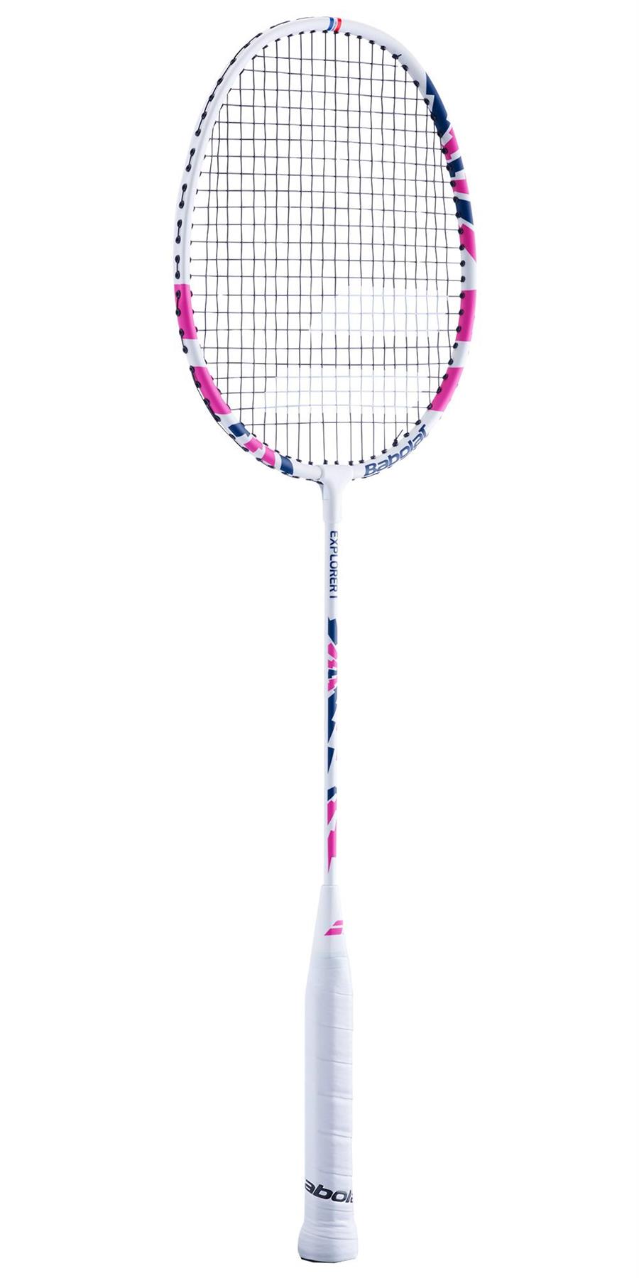 The Babolat Explorer I Badminton Racket for beginners is crafted with an aluminium and steel construction, featuring a white frame accented in pink. The tightly woven strings and the comfortable white grip on the handle make it ideal for newcomers to badminton.