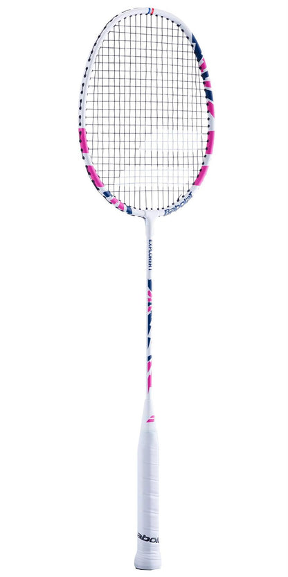 The Babolat Explorer I Badminton Racket for beginners is crafted with an aluminium and steel construction, featuring a white frame accented in pink. The tightly woven strings and the comfortable white grip on the handle make it ideal for newcomers to badminton.